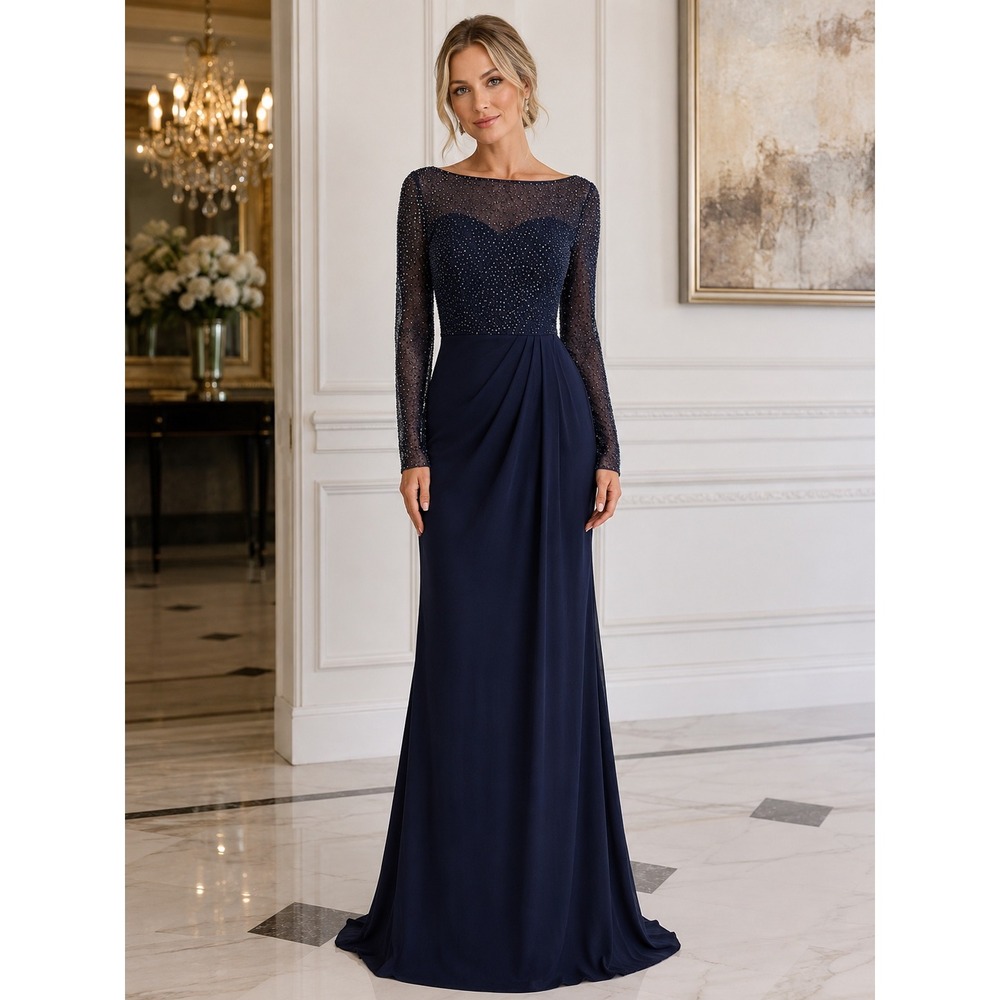 La Femme 24895 Navy Beaded Long Sleeve Jersey Evening Gown NWT 6